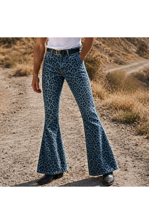 Mens 70s Disco Flared Pants Straight Leg Vintage Pants for Men Trendy Slim Fit Leopard Graphic Bell Bottom With Pockets