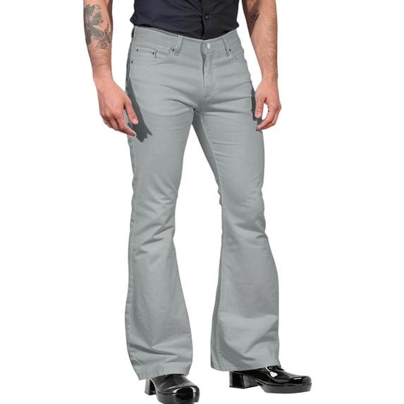CONZONE Mens 70s Disco Flared Pants Straight Leg Vintage Pants for Men Trendy Slim Fit Solid Modern Bell Bottom With Pockets