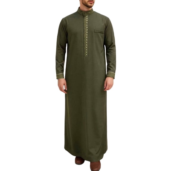 CONZONE Mens Arabic Robe Long Sleeve Traditional Attire Thobe for Men Trendy Casual Graphic Stand Collar Soft Lightweight Tops