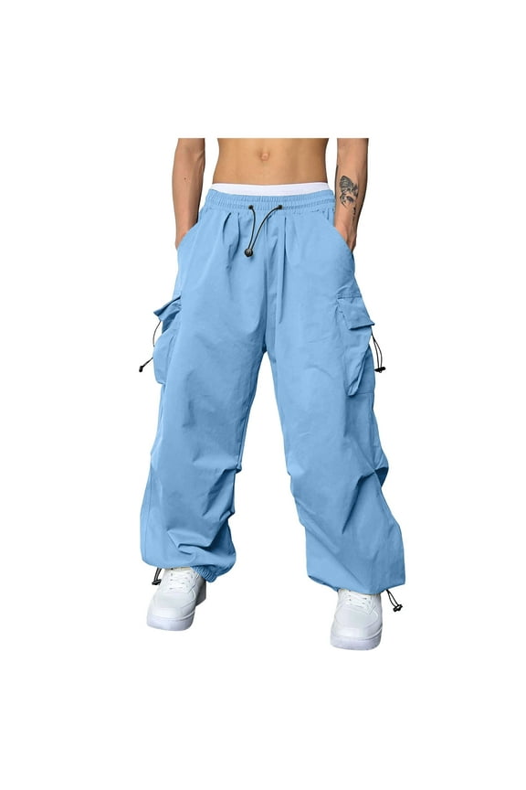 Mens Baggy Cargo Pants Casual Solid Color Elastic Waist Drawstring Cargo Pants for Men Lightweight Relaxed Fit Outdoor Athletic Trousers With Pockets