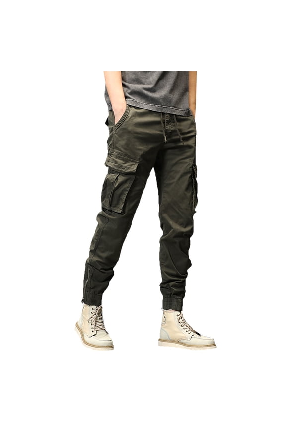 Mens Baggy Cargo Pants Casual Solid Color Elastic Waist Drawstring Cargo Pants for Men Warm Relaxed Fit Streetwear Workout Trousers With Pockets