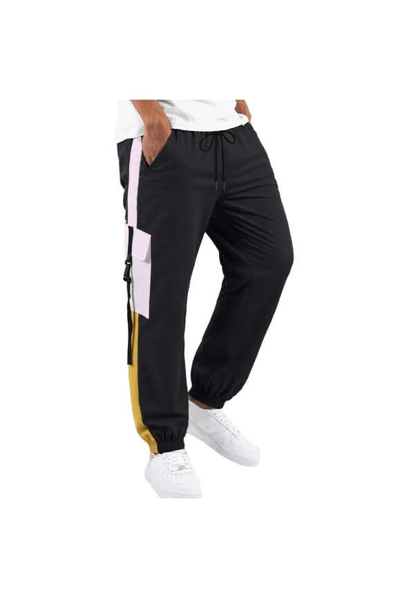 Mens Baggy Cargo Pants Patchwork Color Elastic Waist Drawstring Cargo Pants for Men Lightweight Relaxed Fit Outdoor Athletic Trousers With Pockets