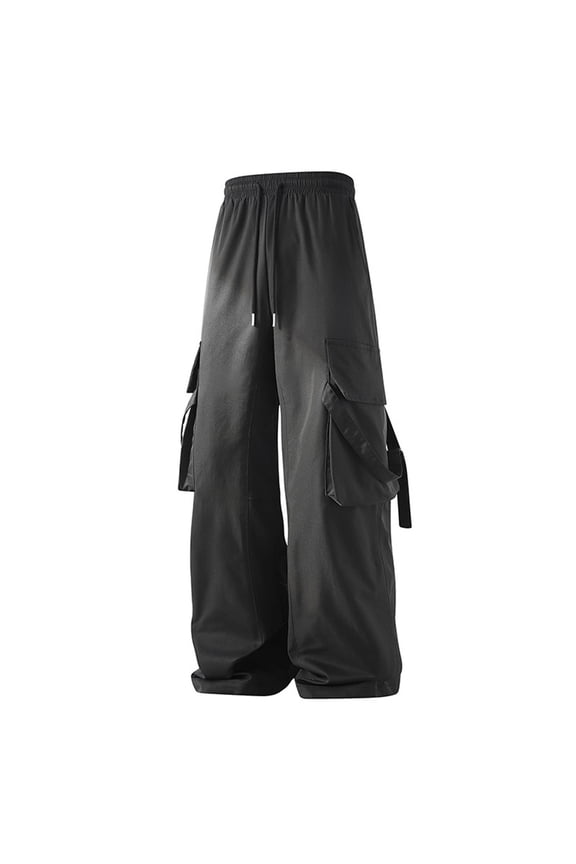 Mens Baggy Cargo Pants Solid Color Y2K Elastic Waist Drawstring Cargo Pants for Men Lightweight Loose Fit Streetwear Workout Trousers With Pockets