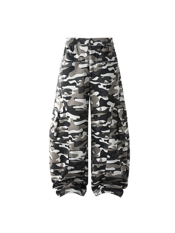 Mens Baggy Cargo Pants Streetwear Wide Leg Pants for Men Trendy Elastic Waist Camouflage Soft Casual Joggers Pant With Pockets