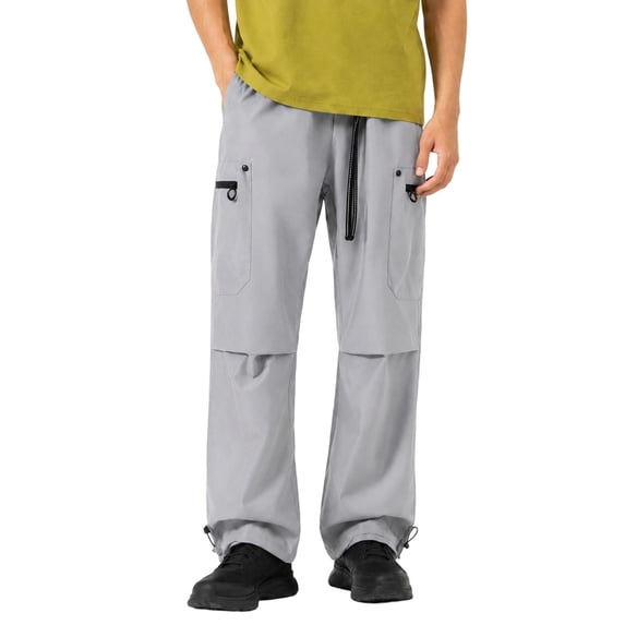 CONZONE Mens Baggy Cargo Pants Wide Leg Hiking Pants for Men Trendy Elastic Waist Drawstring Solid Outdoor Joggers Pant With Pockets