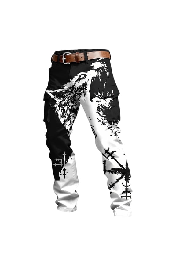 Mens Baggy Cargo Pants Wide Leg Pants for Men Trendy Buttons Viking Mythology Graphic Y2K Soft Casual Joggers With Pocket