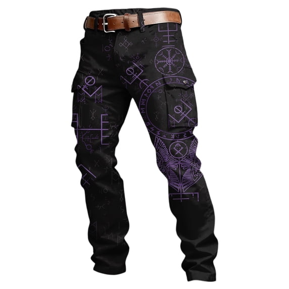 CONZONE Mens Baggy Cargo Pants Wide Leg Pants for Men Trendy Buttons Viking Mythology Graphic Y2K Soft Casual Joggers With Pocket