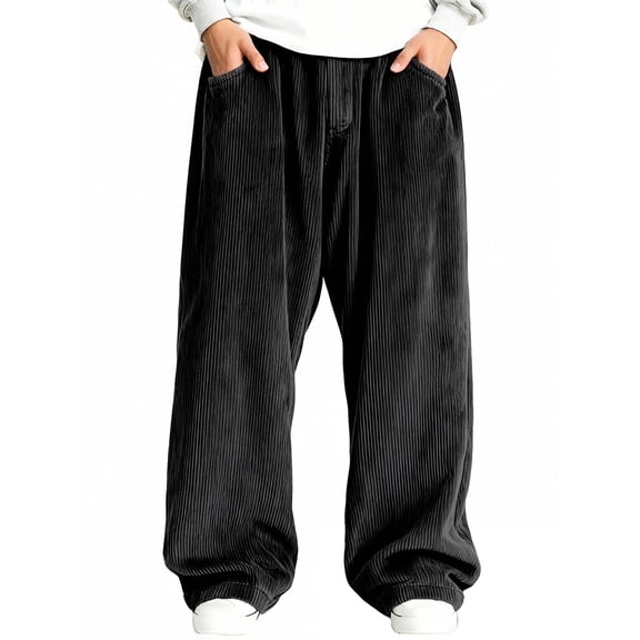 CONZONE Mens Baggy Corduroy Sweatpants Casual Wide Leg Sweat Pants for Men Solid Color Ribbed Elastic Waist Drawstring Soft Cozy Athletic Joggers With Pockets