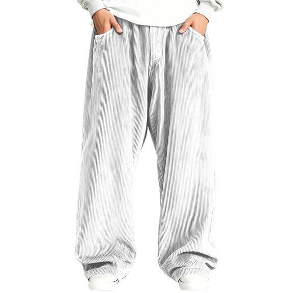 CONZONE Mens Baggy Corduroy Sweatpants Casual Wide Leg Sweat Pants for Men Solid Color Ribbed Elastic Waist Drawstring Soft Cozy Athletic Joggers With Pockets