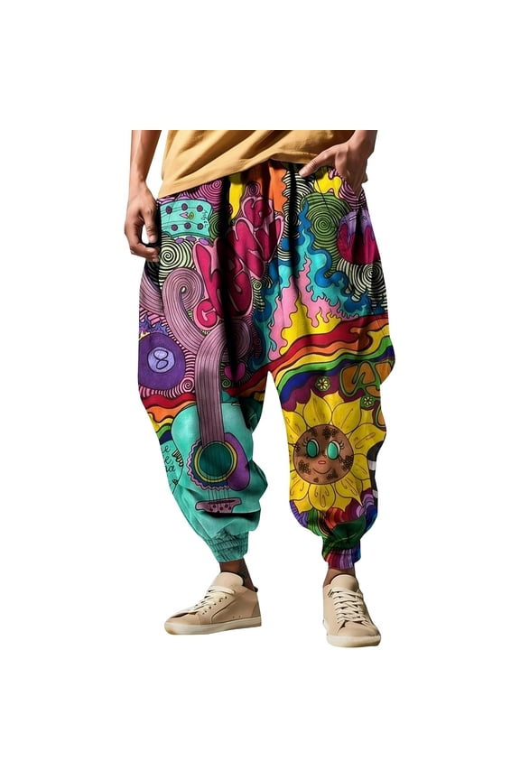 Mens Baggy Harem Pants Wide Leg Pants for Men Trendy Elastic Waist Graphic Y2K Soft Casual Joggers With Pocket