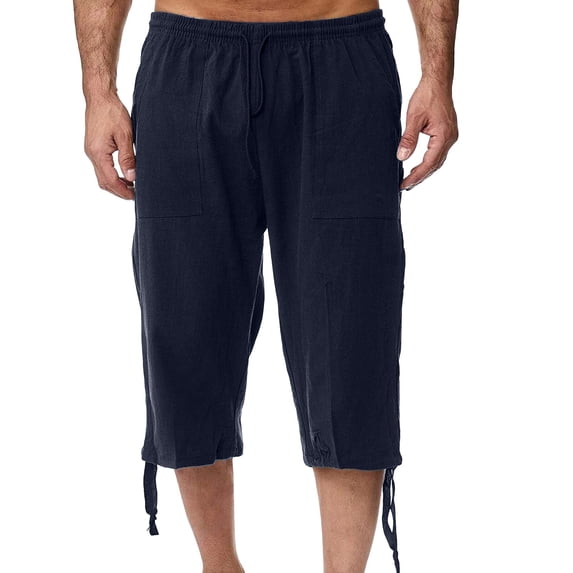 CONZONE Mens Baggy Linen Capri Pants Wide Leg Pants for Men Trendy Elastic Waist Drawstring Solid Soft Casual Joggers Pant With Pockets