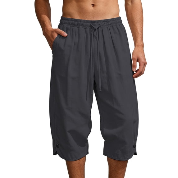 CONZONE Mens Baggy Linen Capri Pants Wide Leg Pants for Men Trendy Elastic Waist Solid Soft Casual Joggers Pant With Pockets