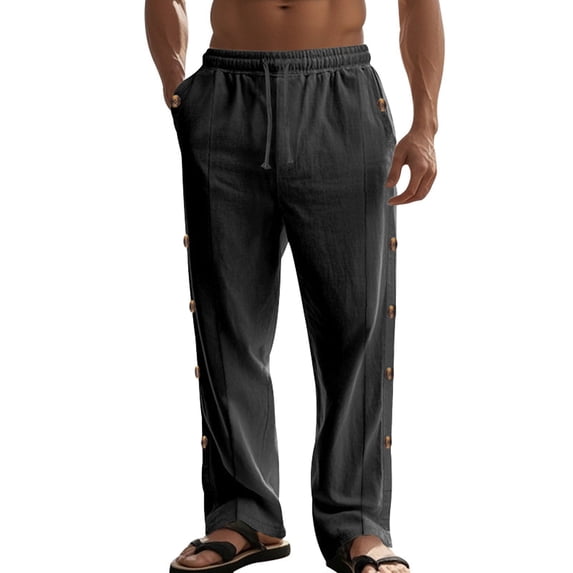 CONZONE Mens Baggy Pants Wide Leg Pants With Side Buttons Design Trendy Elastic Waist Solid Color Soft Casual Joggers With Pocket