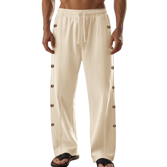 CONZONE Mens Baggy Pants Wide Leg Pants With Side Buttons Design Trendy Elastic Waist Solid Color Soft Casual Joggers With Pocket