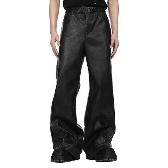 CONZONE Mens Baggy Pu Leather Pants Wide Leg Streetwear Pants for Men Trendy Elastic Waist Gothic Distressed Pant With Pockets
