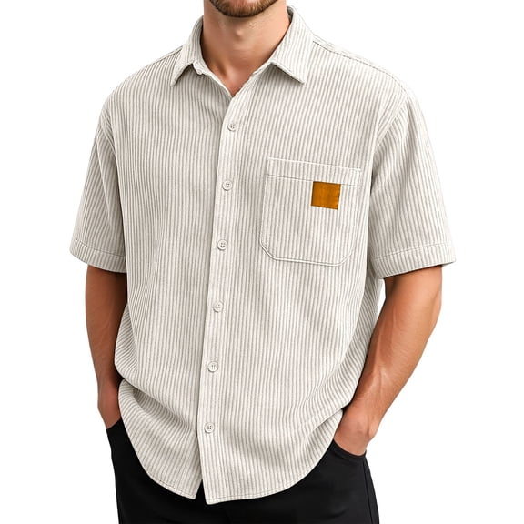 CONZONE Mens Buttons Down Corduroy Shirts Short Sleeve Shirts For Men Trendy Solid Color Lapel Soft Lightweight Tops With Pocket