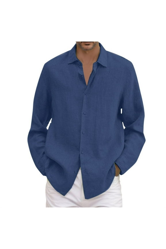 Mens Buttons Down Shirts Long Sleeve Cotton Linen Shirts For Men Solid Color Hawaii Lapel Soft Lightweight Tops