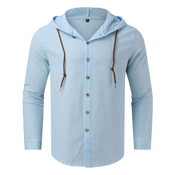 CONZONE Mens Buttons Down Shirts Long Sleeve Hooded Linen Shirts For Men Solid Color Lapel Soft Lightweight Tops