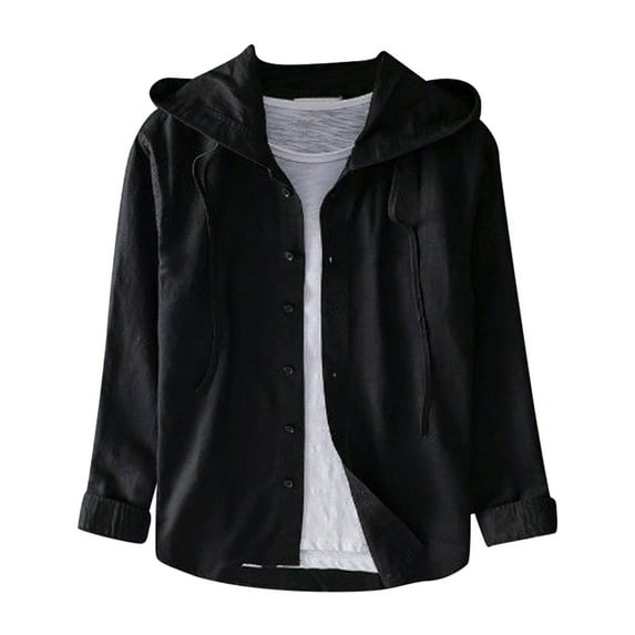 CONZONE Mens Buttons Down Shirts Long Sleeve Hooded Linen Shirts For Men Trendy Solid Color Soft Lightweight Tops