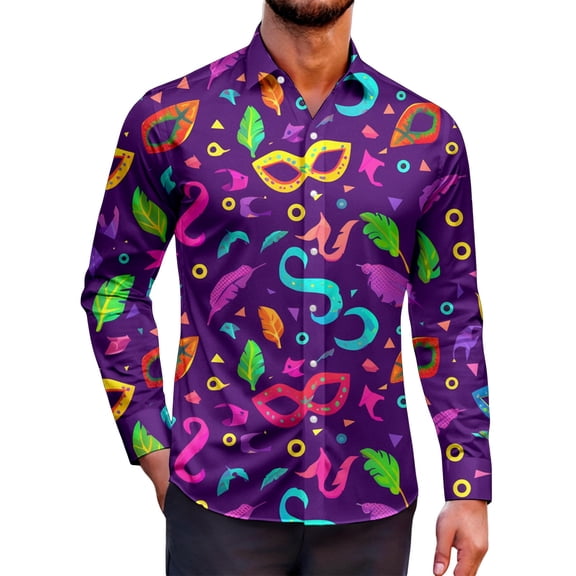 CONZONE Mens Buttons Down Shirts Long Sleeve Mardi Gras Shirts For Men Trendy Carnival Graphic Lapel Soft Lightweight Tops