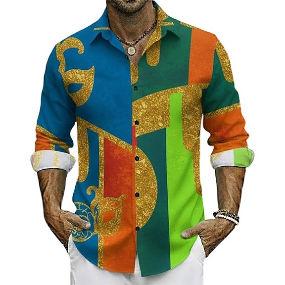 CONZONE Mens Buttons Down Shirts Long Sleeve Shirts For Men Trendy Carnival Colorful Graphic Lapel Soft Lightweight Tops