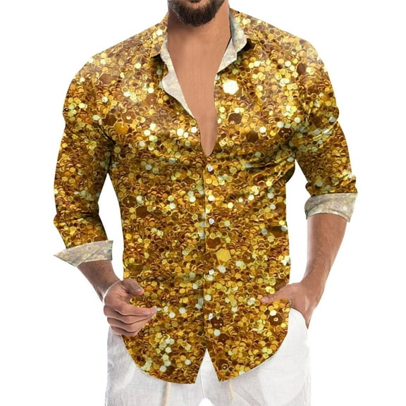 CONZONE Mens Buttons Down Shirts Long Sleeve Shirts For Men Trendy Carnival Sequins Graphic Lapel Soft Lightweight Tops