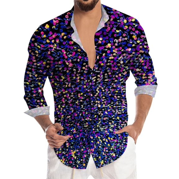 CONZONE Mens Buttons Down Shirts Long Sleeve Shirts For Men Trendy Carnival Sequins Graphic Lapel Soft Lightweight Tops