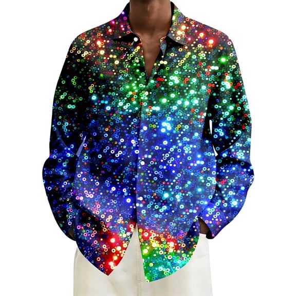 CONZONE Mens Buttons Down Shirts Long Sleeve Shirts For Men Trendy Carnival Sequins Graphic Lapel Soft Lightweight Tops