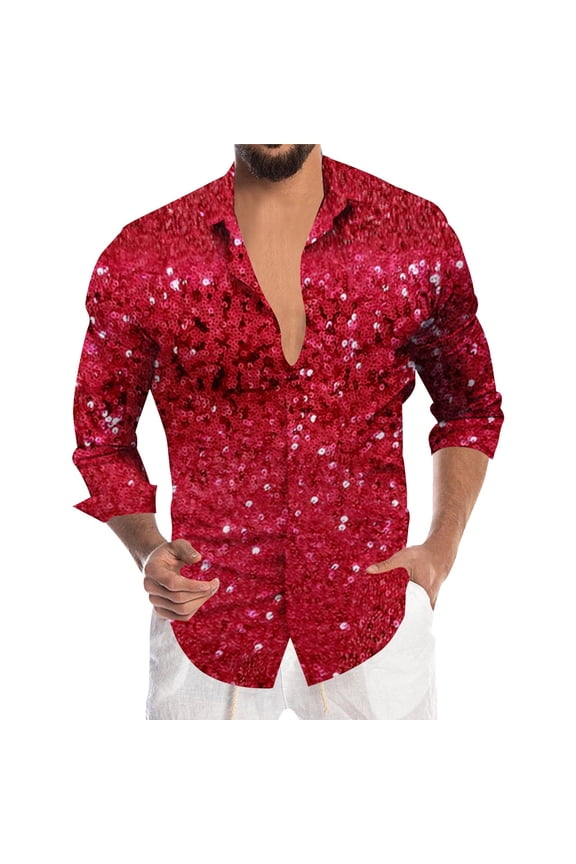 Mens Buttons Down Shirts Long Sleeve Shirts For Men Trendy Carnival Sequins Graphic Lapel Soft Lightweight Tops