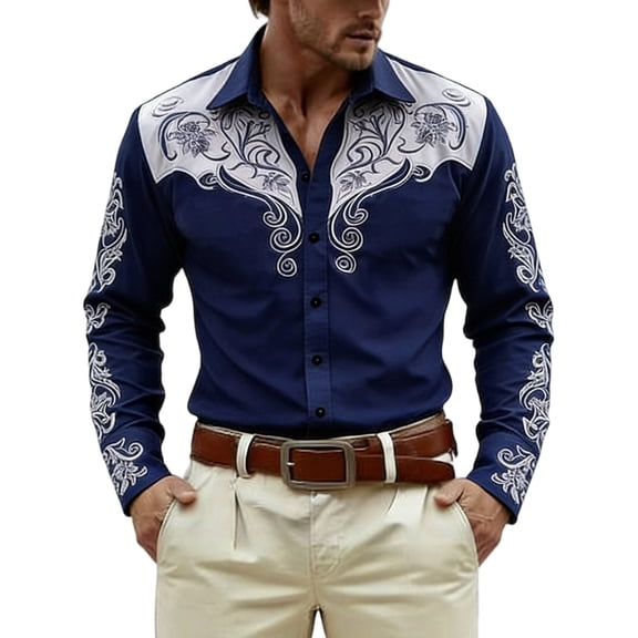 CONZONE Mens Buttons Down Shirts Long Sleeve Shirts For Men Trendy Western Cowboy Graphic Lapel Soft Lightweight Tops