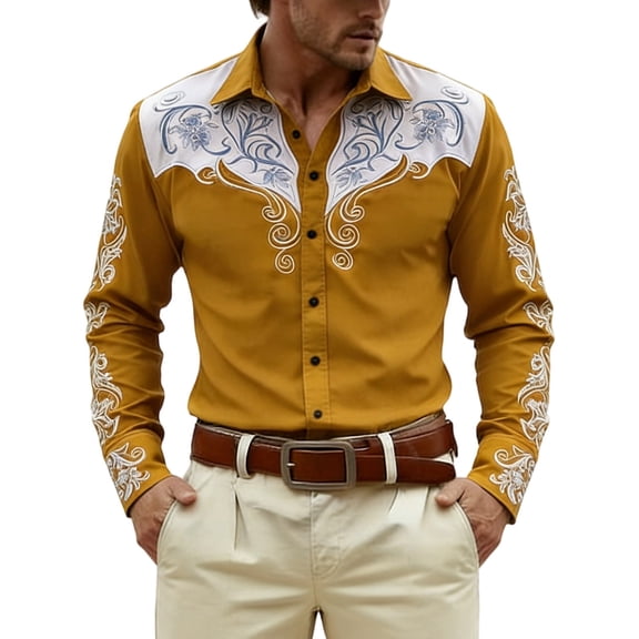 CONZONE Mens Buttons Down Shirts Long Sleeve Shirts For Men Trendy Western Cowboy Graphic Lapel Soft Lightweight Tops