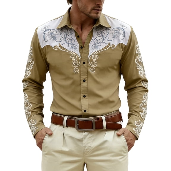 CONZONE Mens Buttons Down Shirts Long Sleeve Shirts For Men Trendy Western Cowboy Graphic Lapel Soft Lightweight Tops