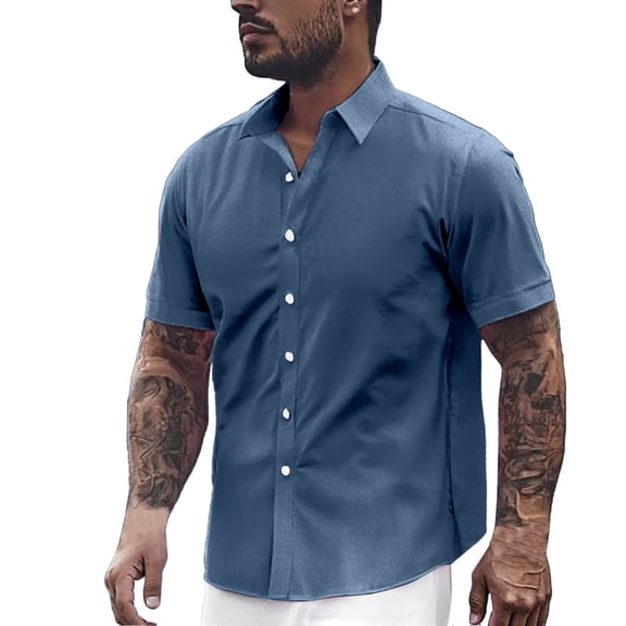 CONZONE Mens Buttons Down Shirts Short Sleeve Shirts For Men Trendy Solid Color Lapel Soft Lightweight Tops