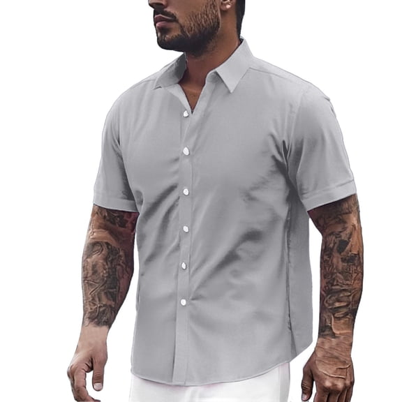 CONZONE Mens Buttons Down Shirts Short Sleeve Shirts For Men Trendy Solid Color Lapel Soft Lightweight Tops
