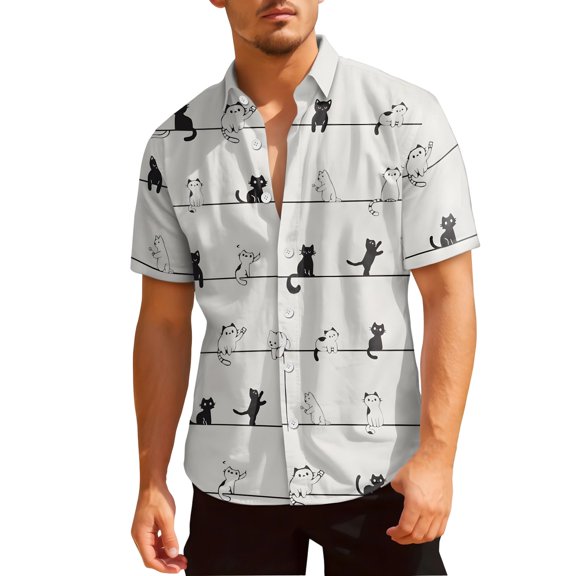 CONZONE Mens Buttons Down Shirts Short Sleeve Shirts for Men Trendy Cat Graphic Lapel Soft Lightweight Summer Tops