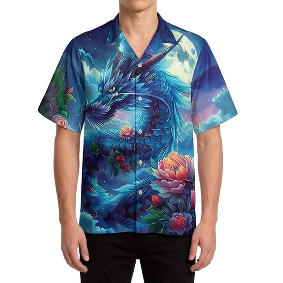 CONZONE Mens Buttons Down Shirts Short Sleeve Shirts for Men Trendy Dragon Graphic Lapel Soft Lightweight Summer Tops