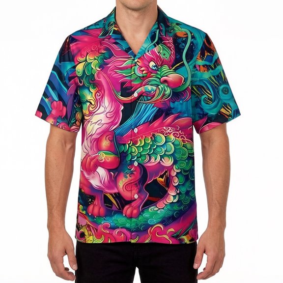 CONZONE Mens Buttons Down Shirts Short Sleeve Shirts for Men Trendy Dragon Graphic Lapel Soft Lightweight Summer Tops