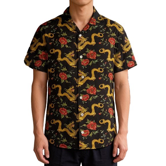 CONZONE Mens Buttons Down Shirts Short Sleeve Shirts for Men Trendy Oriental Dragon Embroidery Lapel Soft Lightweight Summer Tops