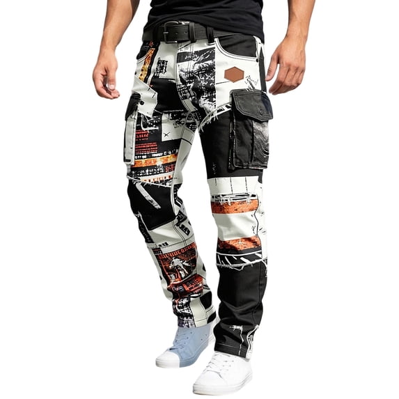 CONZONE Mens Cargo Pants Graffiti Graphic Y2K Staight Leg Cargo Pants for Men Lightweight Relaxed Fit Outdoor Workout Trousers With Pockets