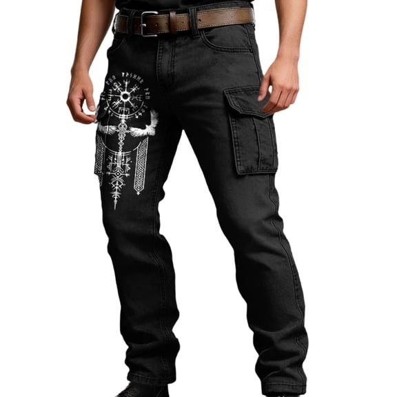 CONZONE Mens Cargo Pants Viking Mythology Graphic Y2K Straight Leg Cargo Pants for Men Lightweight Relaxed Fit Streetwear Trousers With Pockets