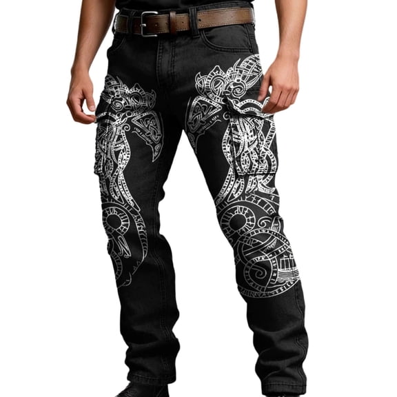 CONZONE Mens Cargo Pants Viking Mythology Graphic Y2K Straight Leg Cargo Pants for Men Lightweight Relaxed Fit Streetwear Trousers With Pockets
