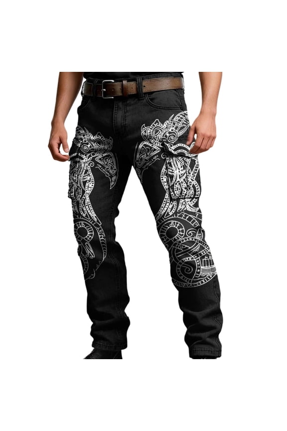 Mens Cargo Pants Viking Mythology Graphic Y2K Straight Leg Cargo Pants for Men Lightweight Relaxed Fit Streetwear Trousers With Pockets