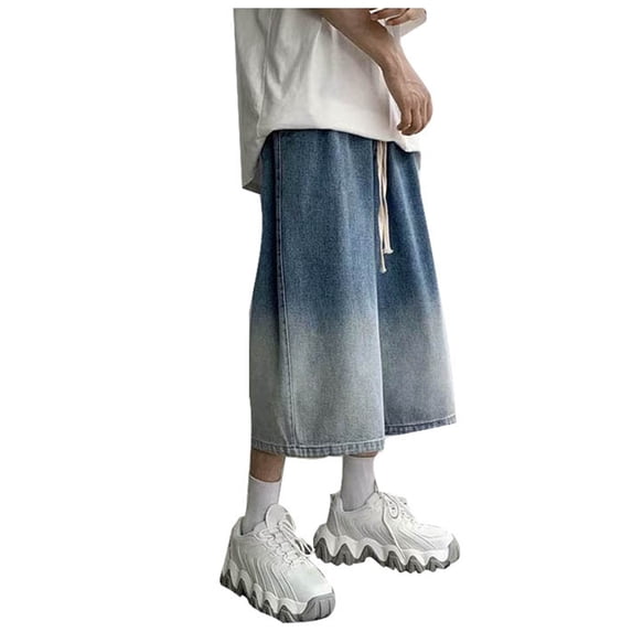 CONZONE Mens Casual Denim Capri Pants Elastic Waist Drawstring Short Jeans for Men Solid Color Lightweight Loose Fit Streetwear Denim Shorts With Pockets