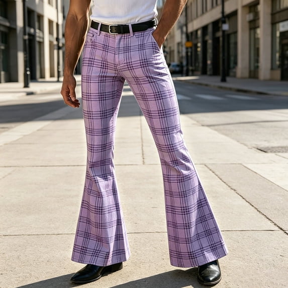 CONZONE Mens Casual Flared Pants Straight Leg Vintage Pants for Men Trendy Slim Fit Plaid Bell Bottom With Pockets