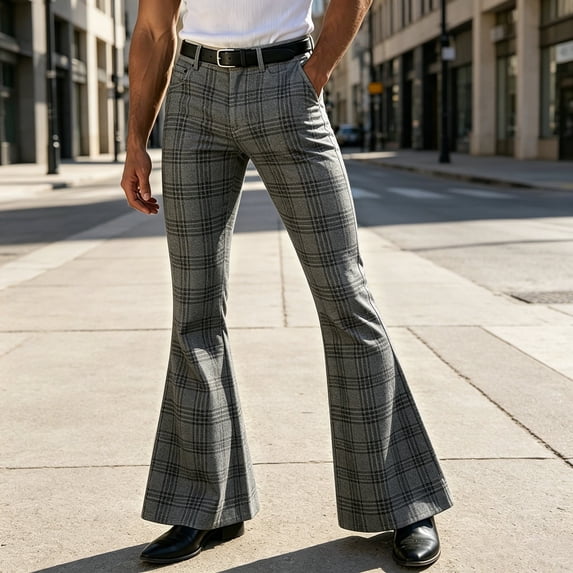 CONZONE Mens Casual Flared Pants Straight Leg Vintage Pants for Men Trendy Slim Fit Plaid Bell Bottom With Pockets