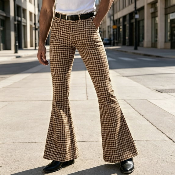 CONZONE Mens Casual Flared Pants Straight Leg Vintage Pants for Men Trendy Slim Fit Plaid Bell Bottom With Pockets