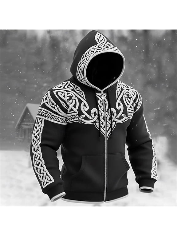 Mens Casual Hoodies Zip Up Long Sleeve Pullover Hoodie for Men Viking Mythology Graphic Y2K Warm Fall Winter Hooded Sweatshirts with Pocket