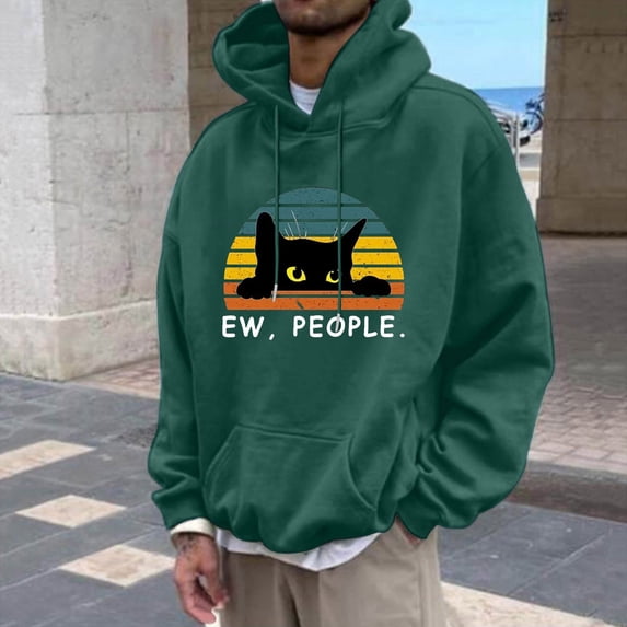 CONZONE Mens Casual Hoodies Long Sleeve Pullover Hoodie for Men Black Cat Graphic Fall Hooded Sweatshirts With Pocket