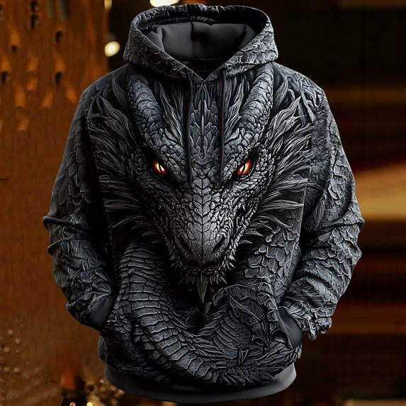 CONZONE Mens Casual Hoodies Long Sleeve Pullover Hoodie for Men Dragon Graphic Y2K Hooded Sweatshirts With Pocket