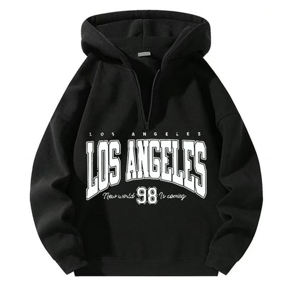 CONZONE Mens Casual Hoodies Long Sleeve Pullover Hoodie for Men Half Zip Letter Graphic Y2K Hooded Sweatshirts With Pocket